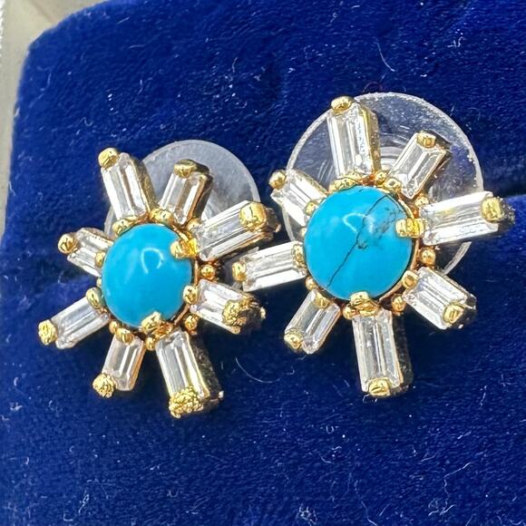 925 sterling silver gold plated clear cubic zirconia baguette turquoise earrings - Picture 2 of 8